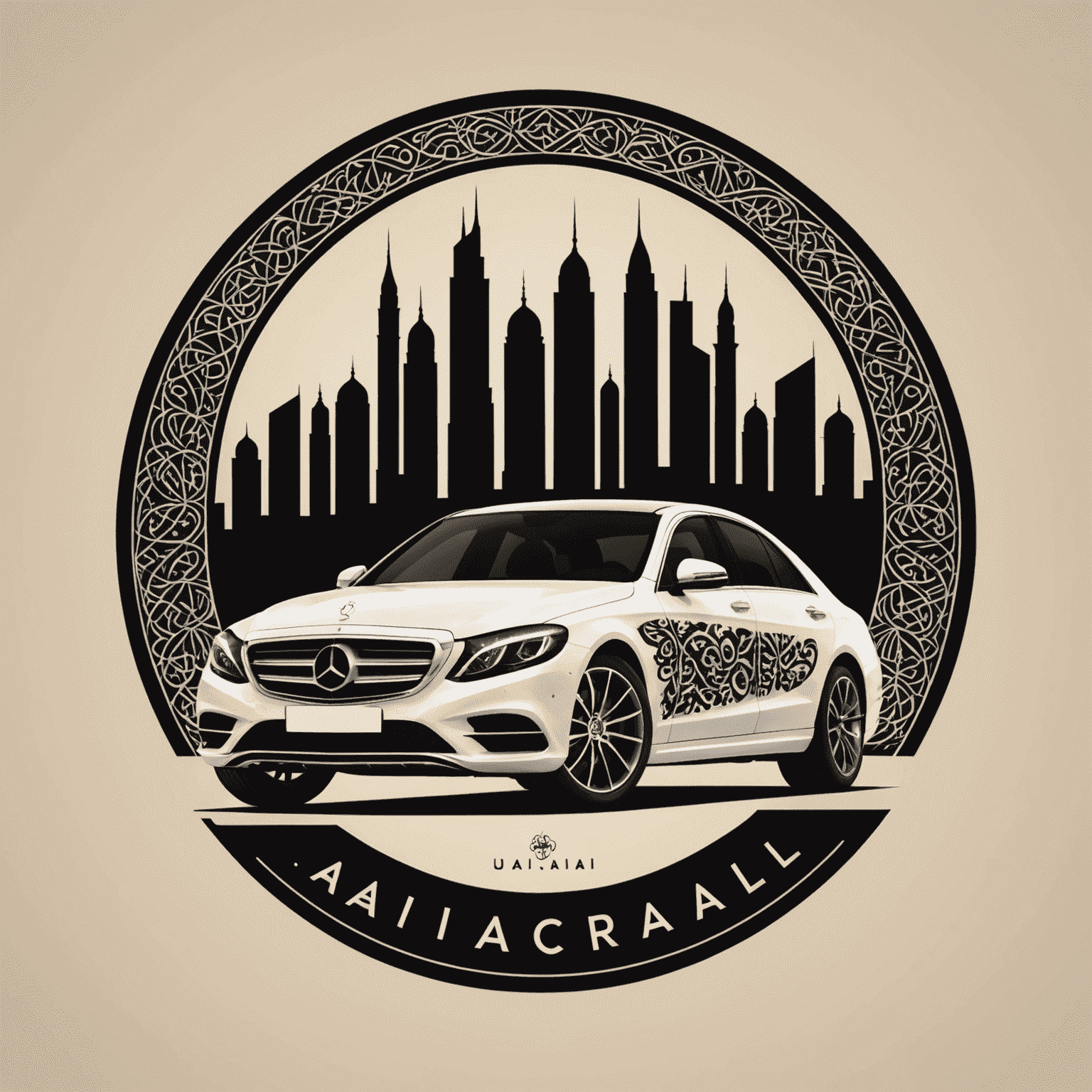 uaeicarrentals logo featuring a stylized car silhouette with Arabic-inspired patterns