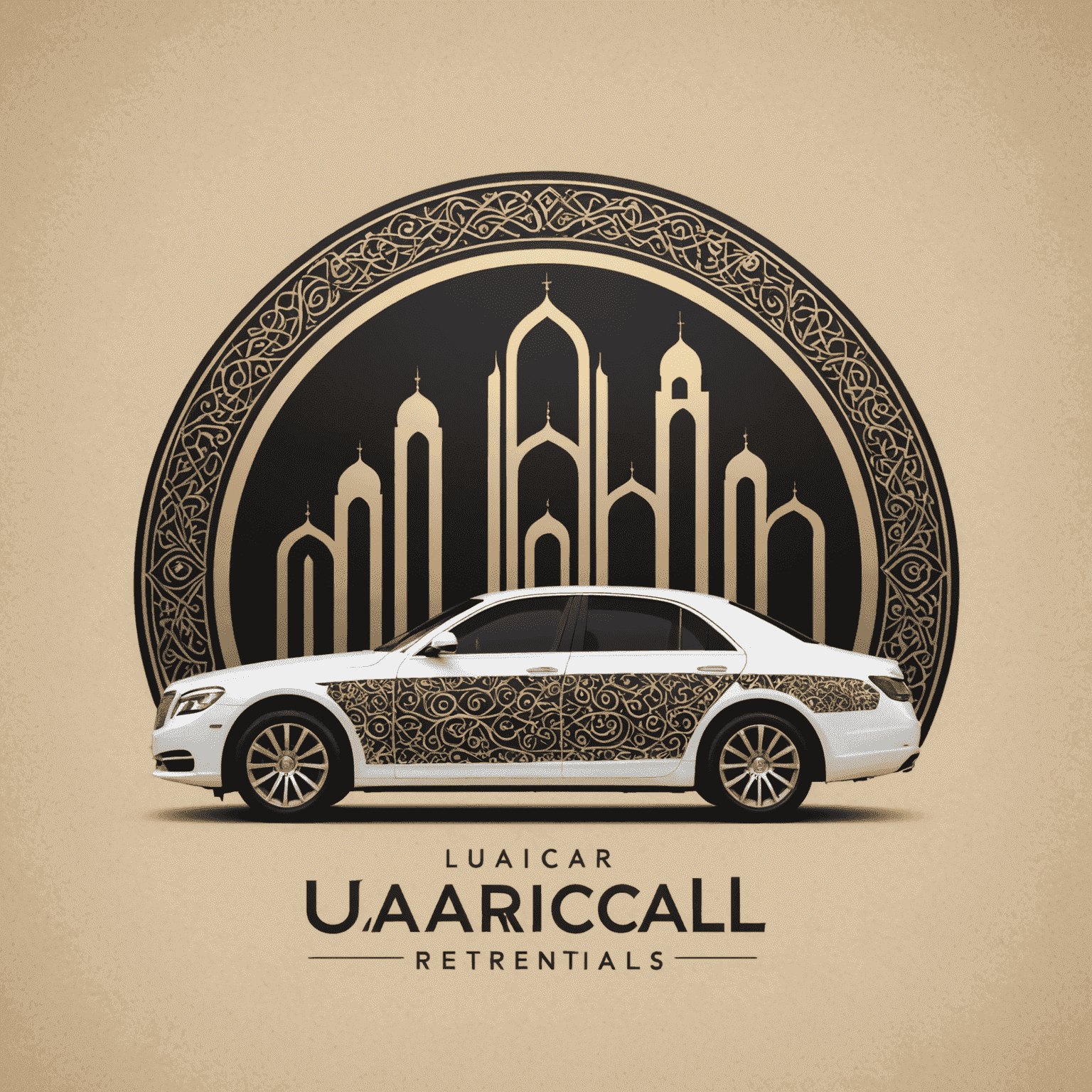 uaeicarrentals logo featuring a stylized car silhouette with Arabic-inspired patterns