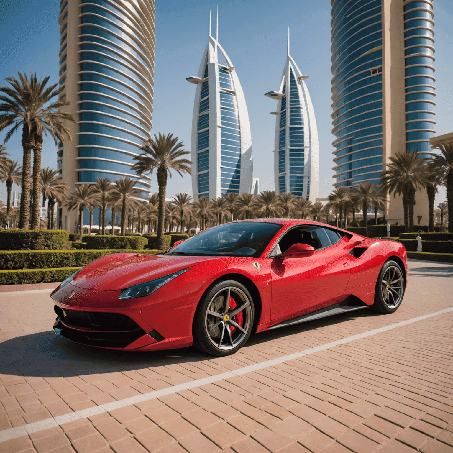 A luxurious sports car, possibly a Ferrari or Lamborghini, parked in front of the iconic Burj Al Arab hotel in Dubai. The car's sleek red exterior gleams under the desert sun, with the futuristic Dubai skyline visible in the background.