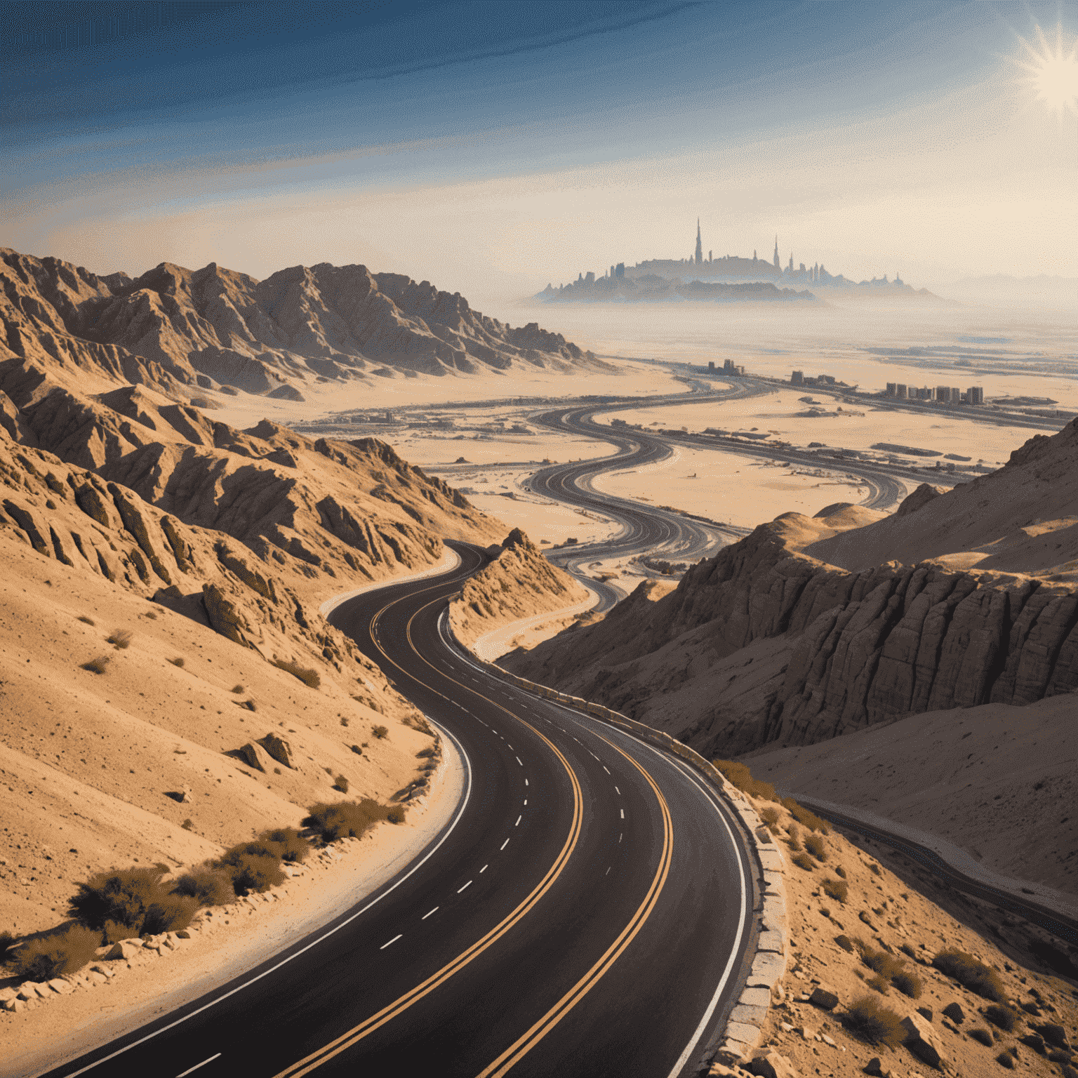 Jebel Hafeet Mountain Road winding through the rugged landscape with Dubai skyline visible in the distance