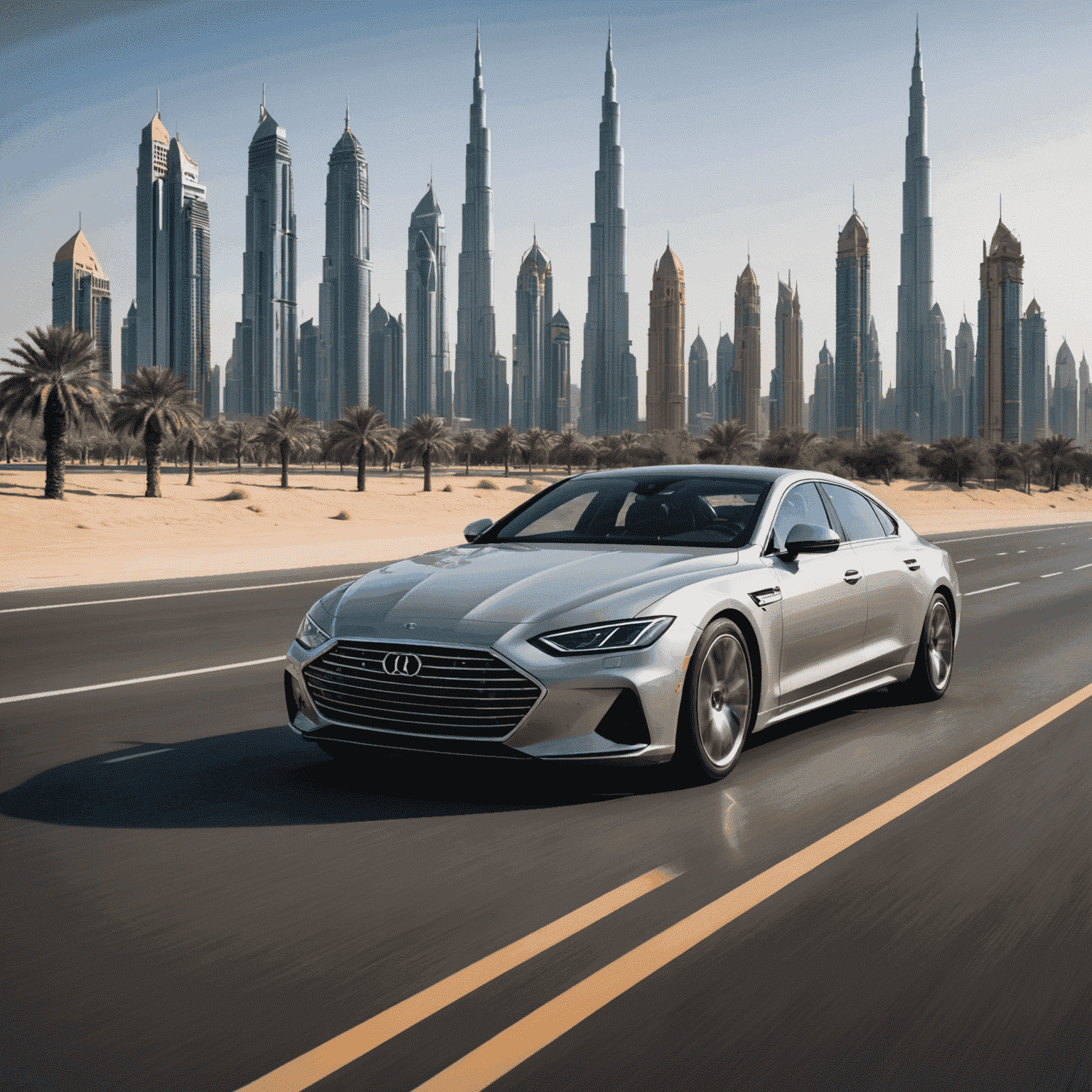 A luxury car driving on a Dubai highway with iconic skyscrapers in the background, showcasing the blend of modern architecture and desert landscape