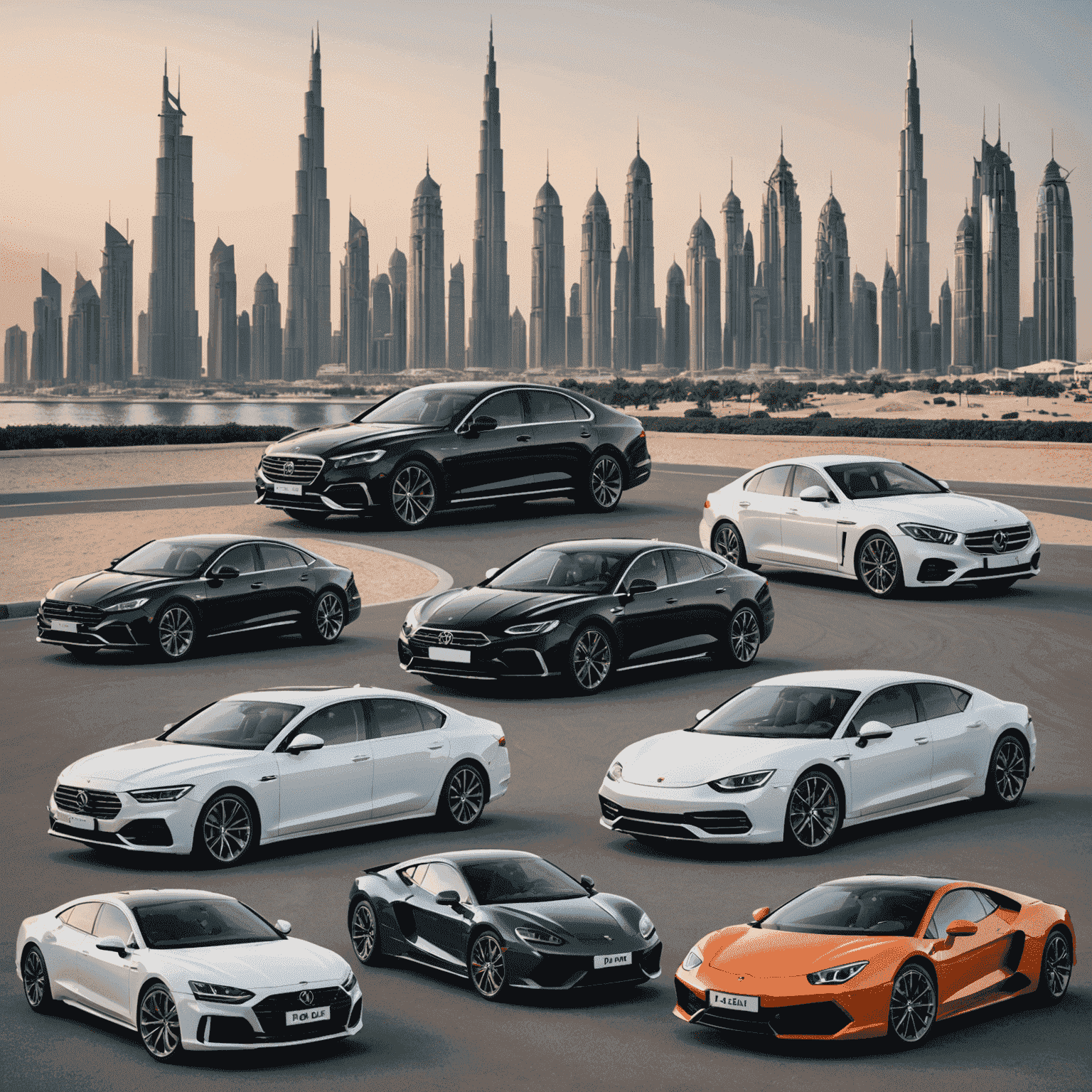 A collage of luxury cars available for rent in Dubai, showcasing a mix of sedans, SUVs, and sports cars against the backdrop of Dubai's iconic skyline