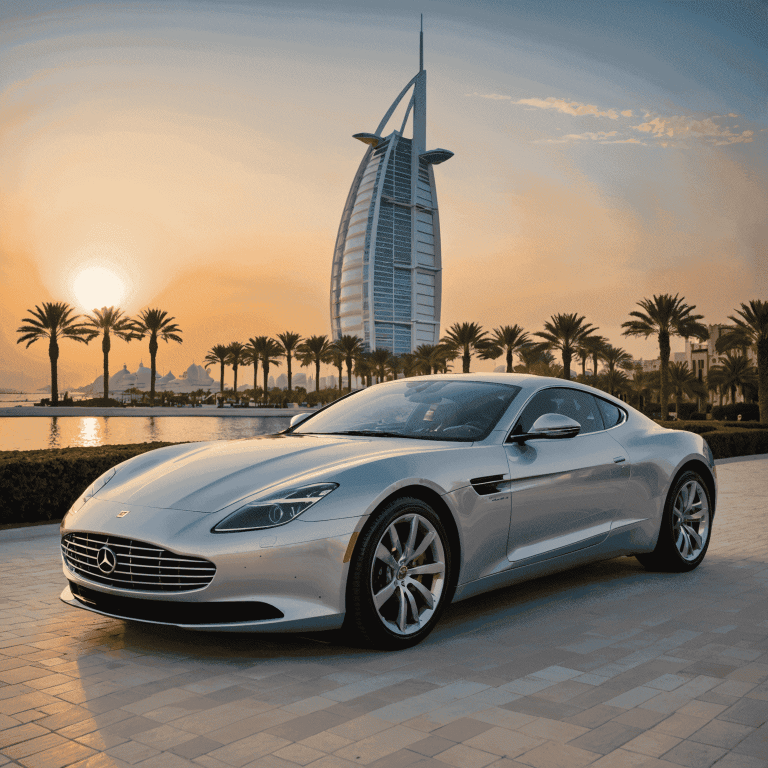 A sleek, silver luxury sports car parked in front of the iconic Burj Al Arab hotel in Dubai at sunset. The car's polished surface reflects the golden hues of the sky and the distinctive sail-shaped silhouette of the building.