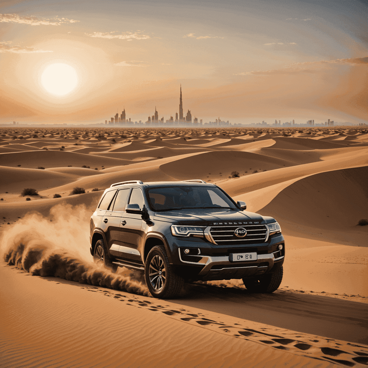 A rugged SUV driving through Dubai desert dunes at sunset, showcasing its power and versatility in the challenging terrain