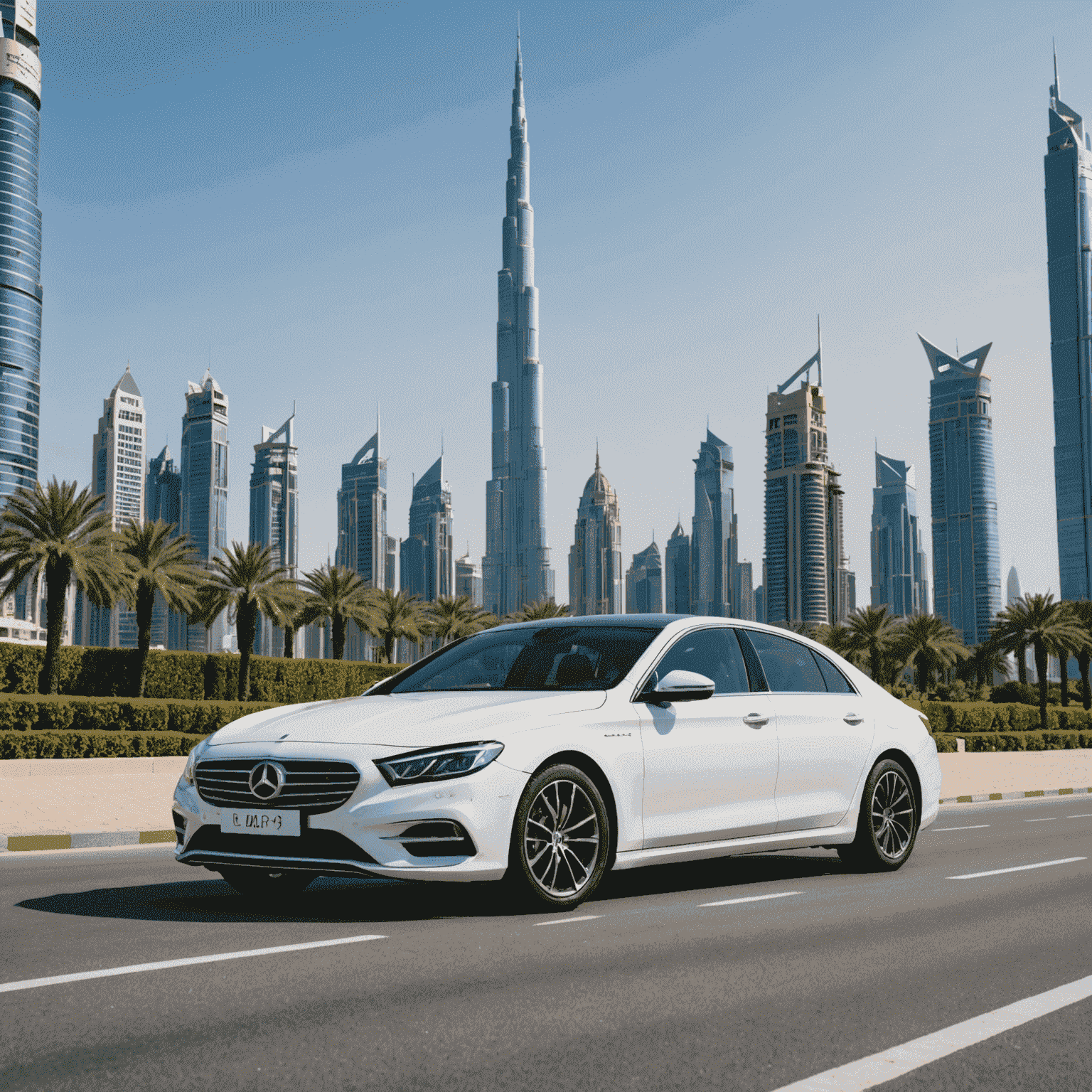 A compact white economy car parked in front of Dubai's iconic Burj Khalifa, showcasing the perfect blend of affordability and the city's grandeur