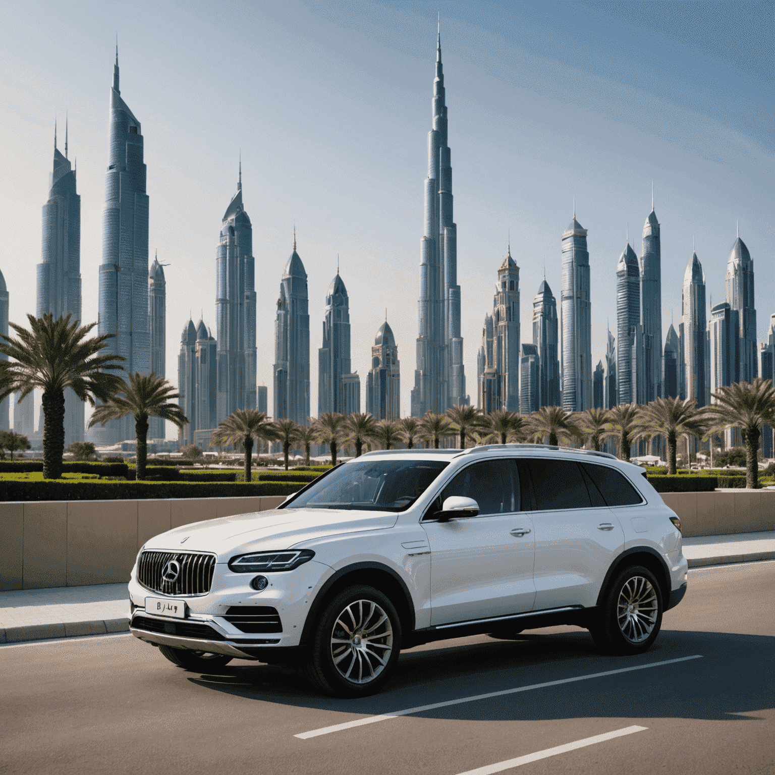 A luxurious SUV parked in front of Dubai's iconic Burj Khalifa, showcasing the perfect blend of modern car rental services and Dubai's stunning skyline