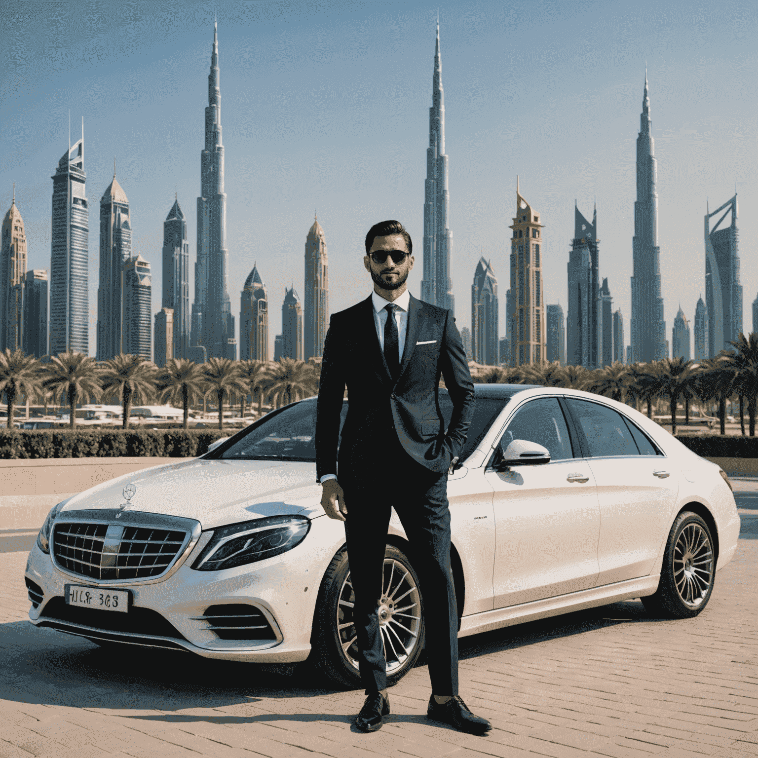 Professional chauffeur standing next to a luxury car in front of Dubai skyline, showcasing the Burj Khalifa and other iconic buildings