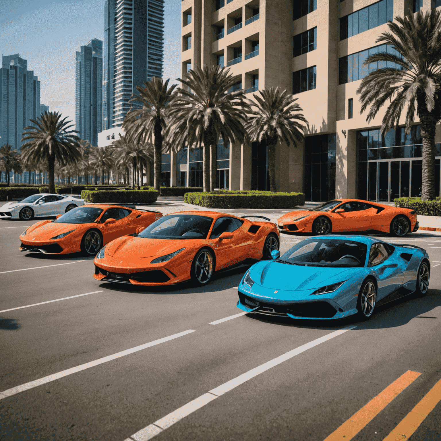 A lineup of four luxury sports cars (Ferrari SF90 Stradale in red, Lamborghini Huracán EVO in green, McLaren 720S in orange, and Porsche 911 GT3 RS in blue) parked side by side on a Dubai street with palm trees and modern skyscrapers in the background.