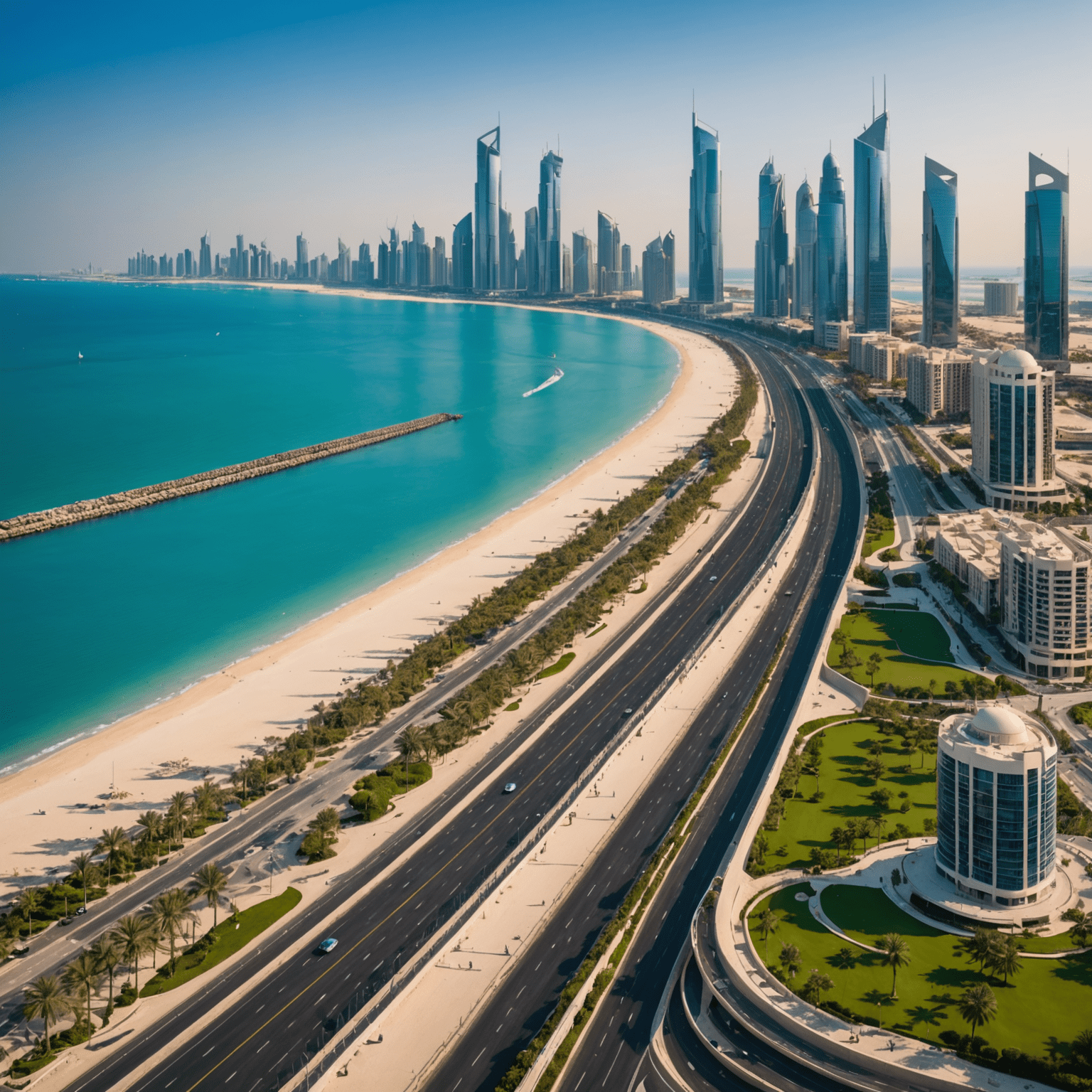 Stunning coastal view of the Corniche Road in Abu Dhabi with modern skyscrapers and pristine beaches