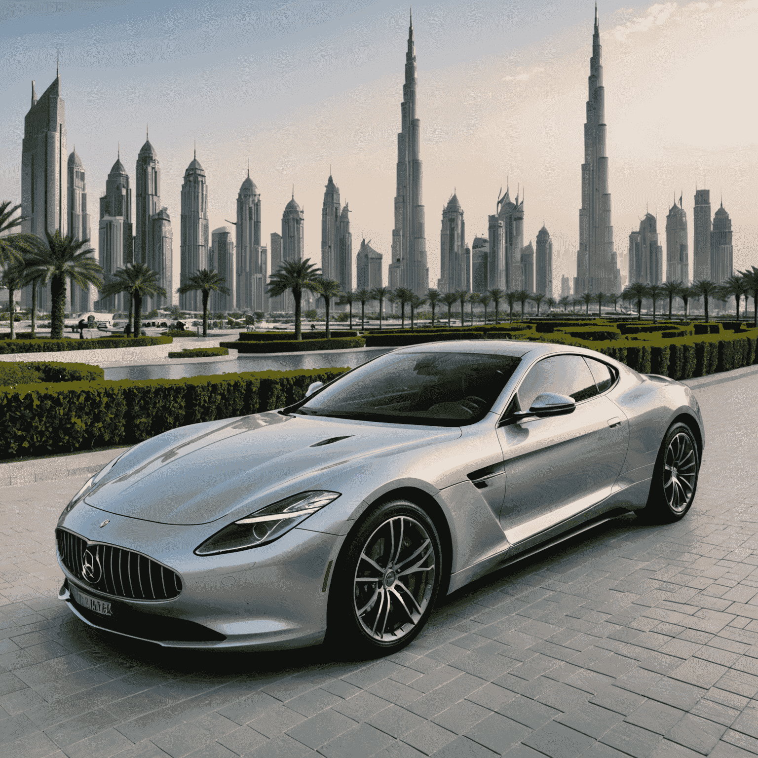 A sleek, silver luxury sports car parked in front of the Burj Khalifa, showcasing the opulence of Dubai's car rental options