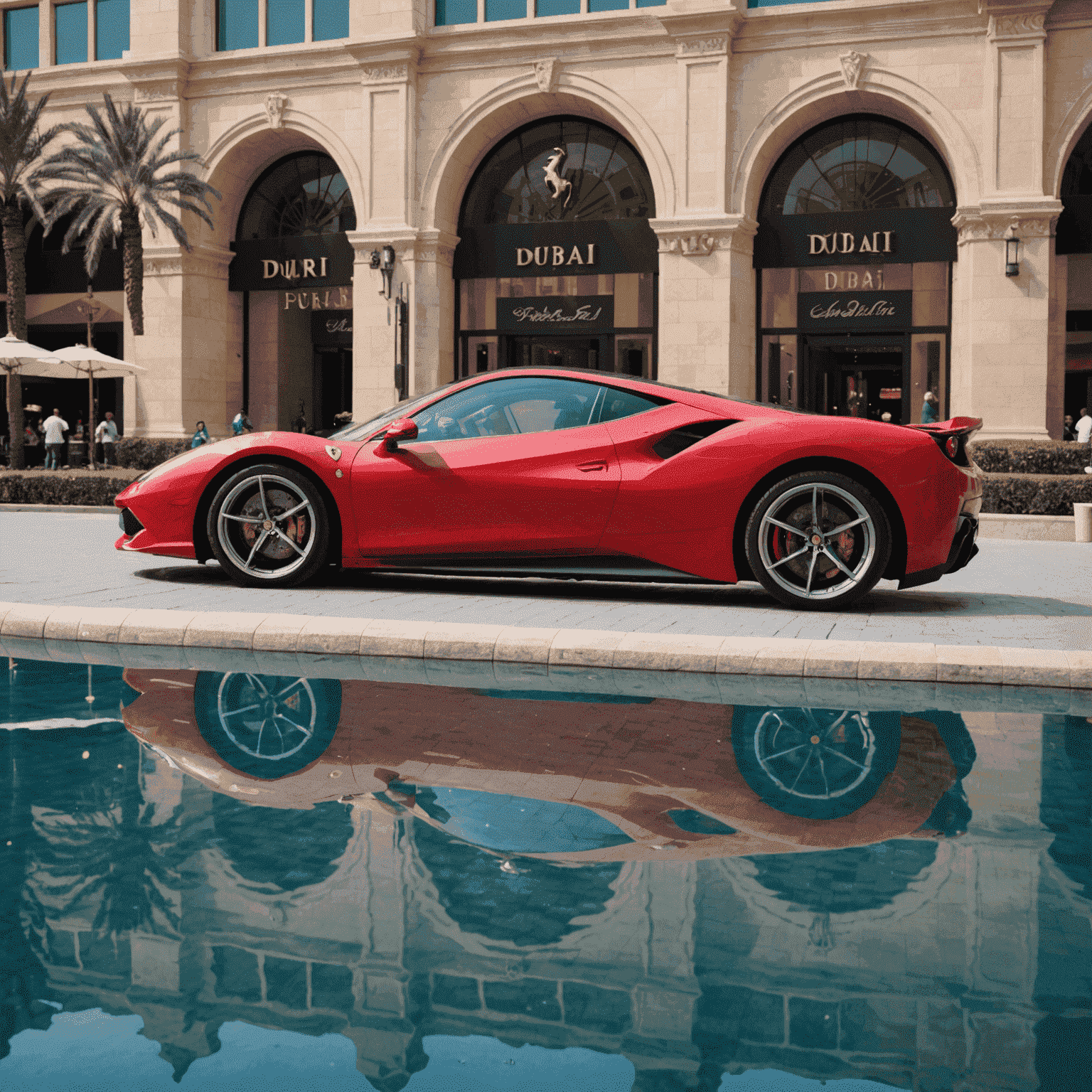 A red Ferrari 488 GTB parked in front of the Dubai Mall fountain. The car's sleek lines contrast beautifully with the modern architecture and water features in the background.