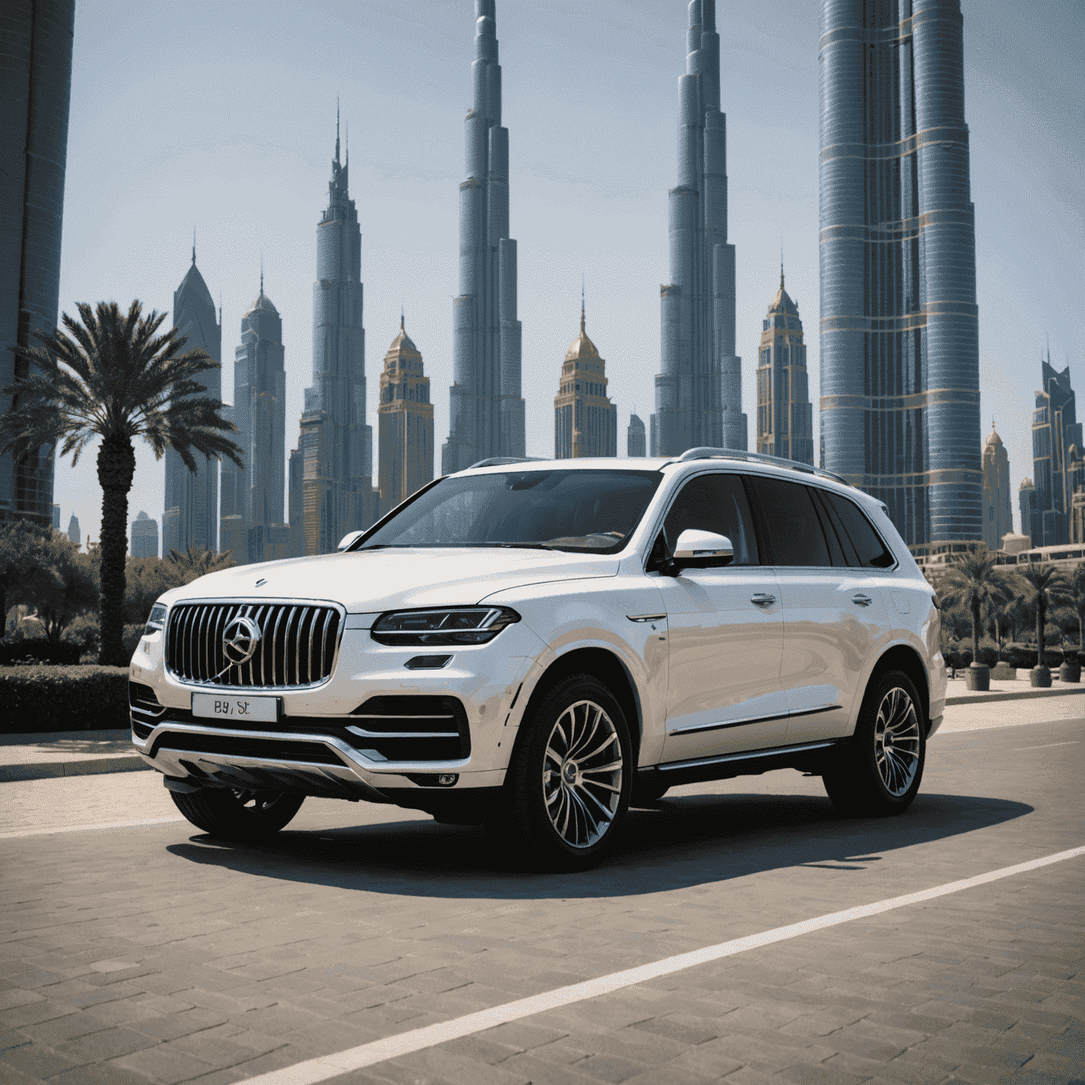 A luxurious SUV parked in front of Burj Khalifa, showcasing its suitability for city exploration