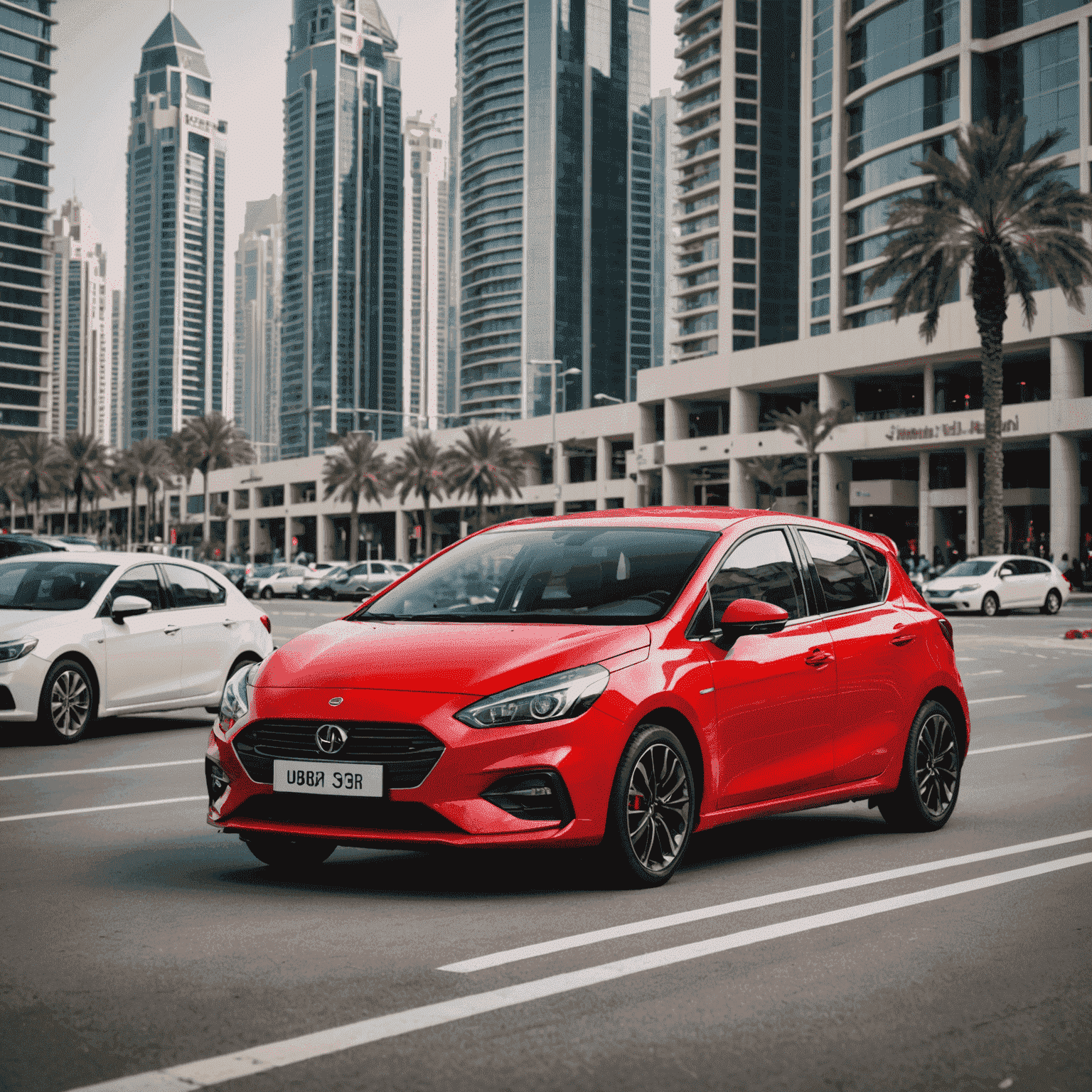 A red compact hatchback parked near Dubai Marina, perfect for navigating busy city streets