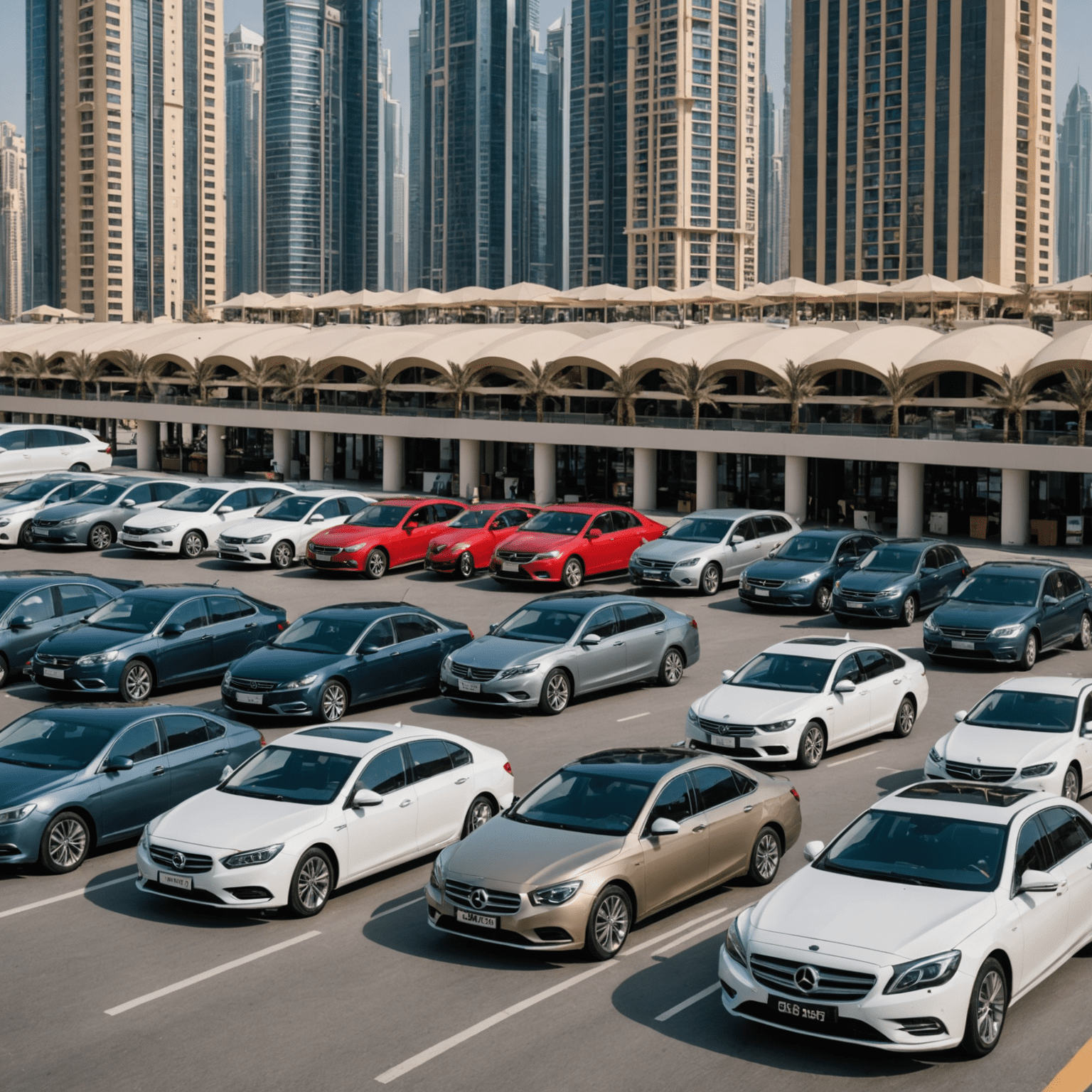 A diverse lineup of rental cars parked in front of Dubai Marina, showcasing the variety of vehicles available for long-term rental