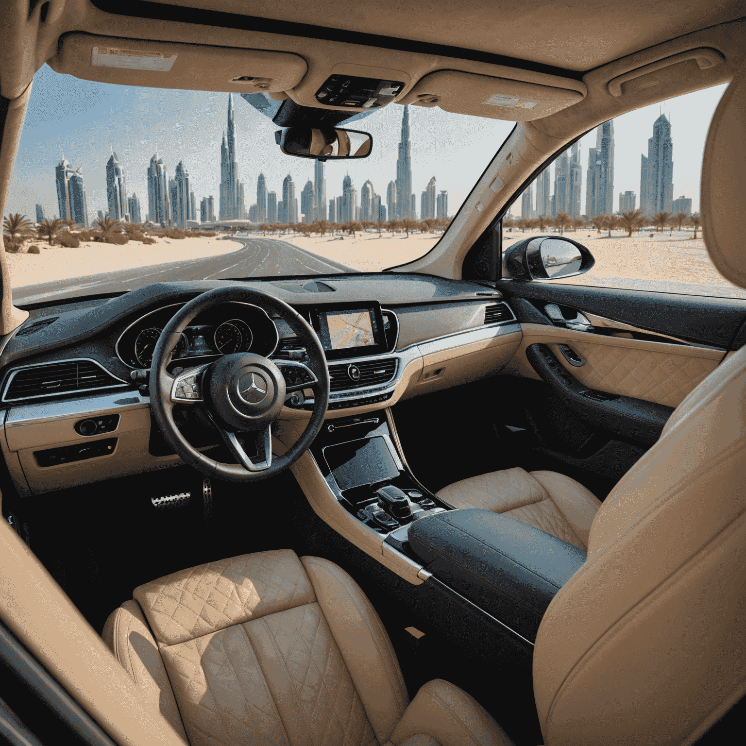 Luxurious interior of a chauffeur-driven car with leather seats, showing a tablet for passenger use and a view of Dubai's Palm Jumeirah through the window