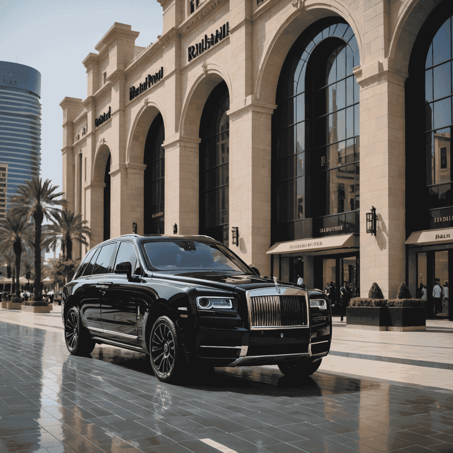 A Rolls-Royce Cullinan SUV in metallic black, parked in front of the Dubai Mall. The vehicle's imposing presence is accentuated by the mall's grand entrance and fountains in the foreground.