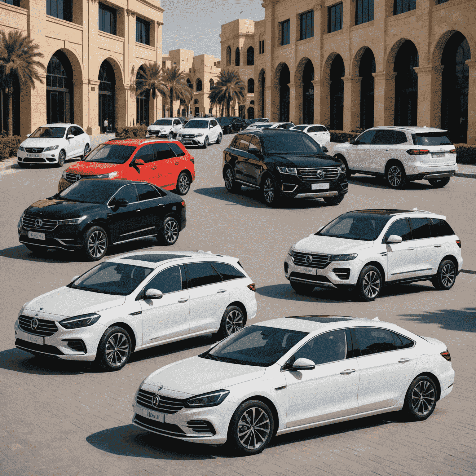 A collection of various car types available for rent in Dubai, from compact city cars to luxury SUVs, showcasing the diverse options for tourists