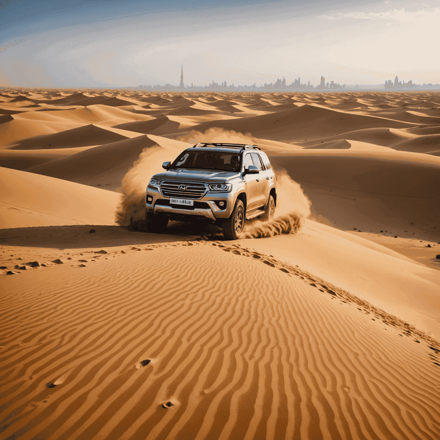 A rugged 4x4 vehicle driving through Dubai's desert dunes, emphasizing the adventure possibilities with SUV rentals