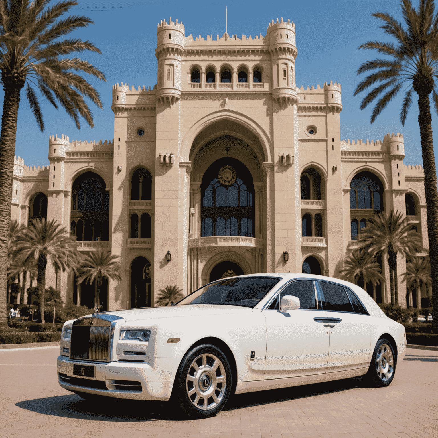 A white Rolls-Royce Phantom parked in front of the opulent Atlantis, The Palm resort. The car's regal presence complements the grand architecture and palm trees lining the driveway.