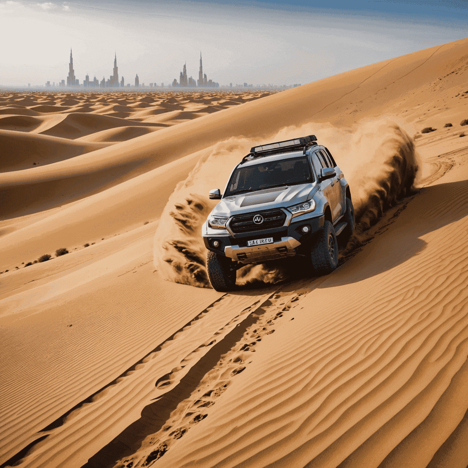 A powerful 4x4 vehicle climbing a steep sand dune in the Dubai desert, demonstrating its off-road capabilities