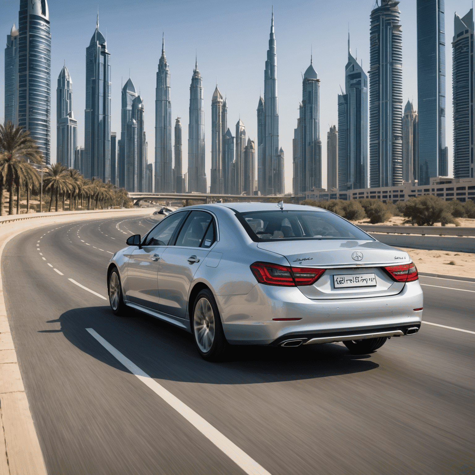 A silver economy sedan driving on a Dubai highway with the city skyline in the background