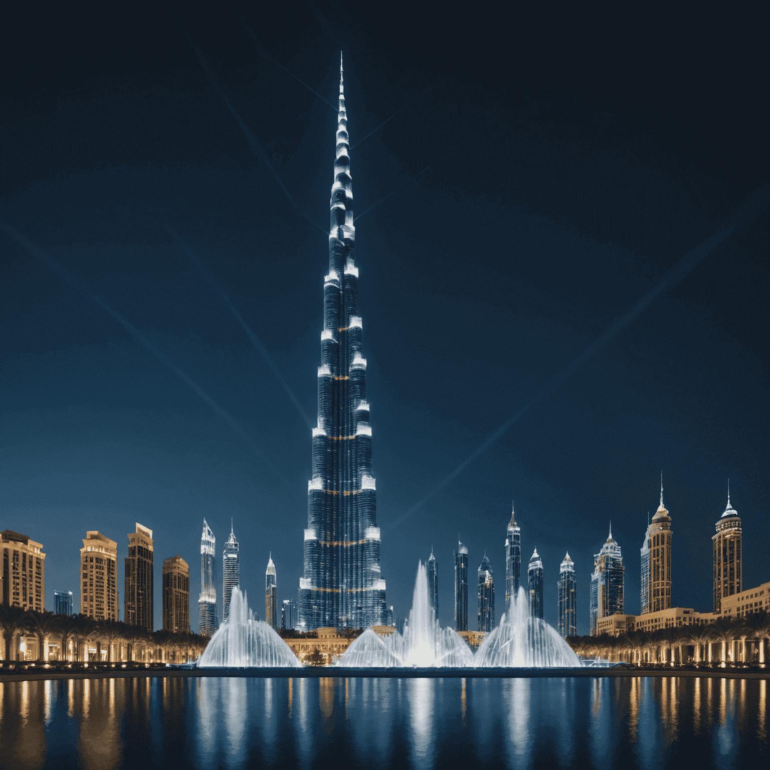 Burj Khalifa illuminated at night with fountains in the foreground