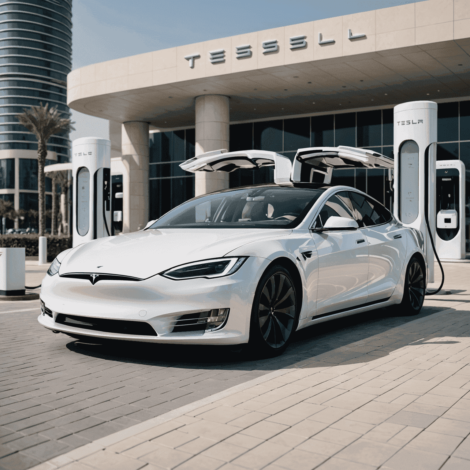 A Tesla Model S Plaid in pearl white, charging at a futuristic charging station in Dubai. The sleek design of the car contrasts with the ultra-modern architecture of surrounding buildings, showcasing Dubai's commitment to sustainable luxury.