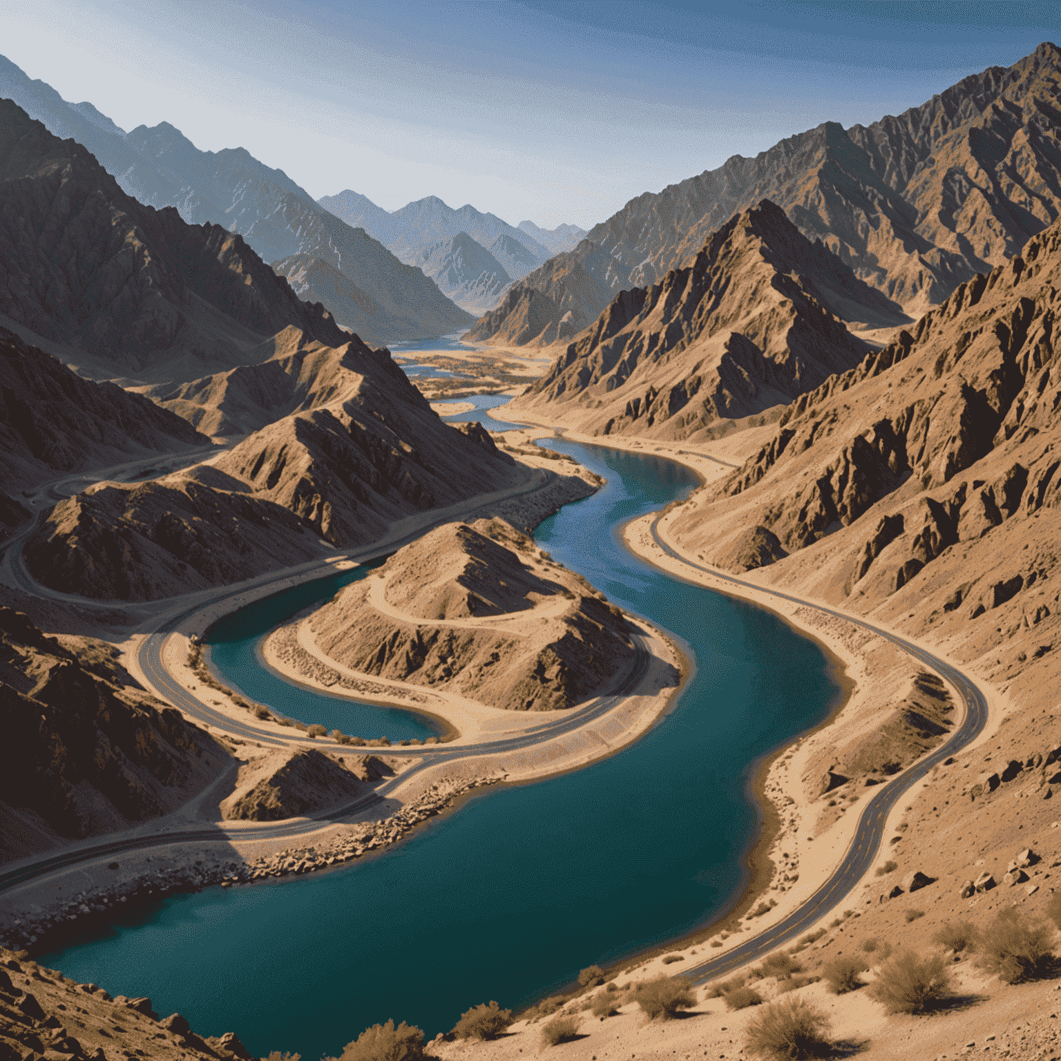 Picturesque view of the Hatta Mountain Road with winding paths through rugged mountains and a serene lake