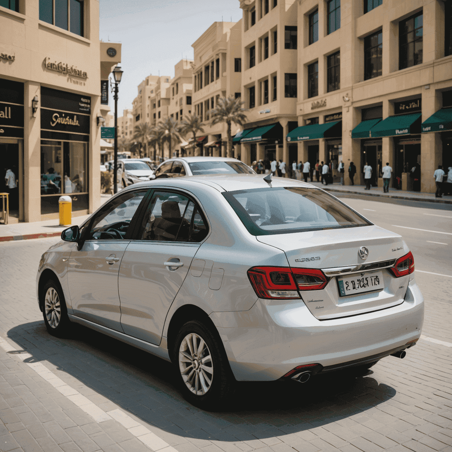 A compact, fuel-efficient car parked in a bustling Dubai street, representing affordable rental options for budget travelers