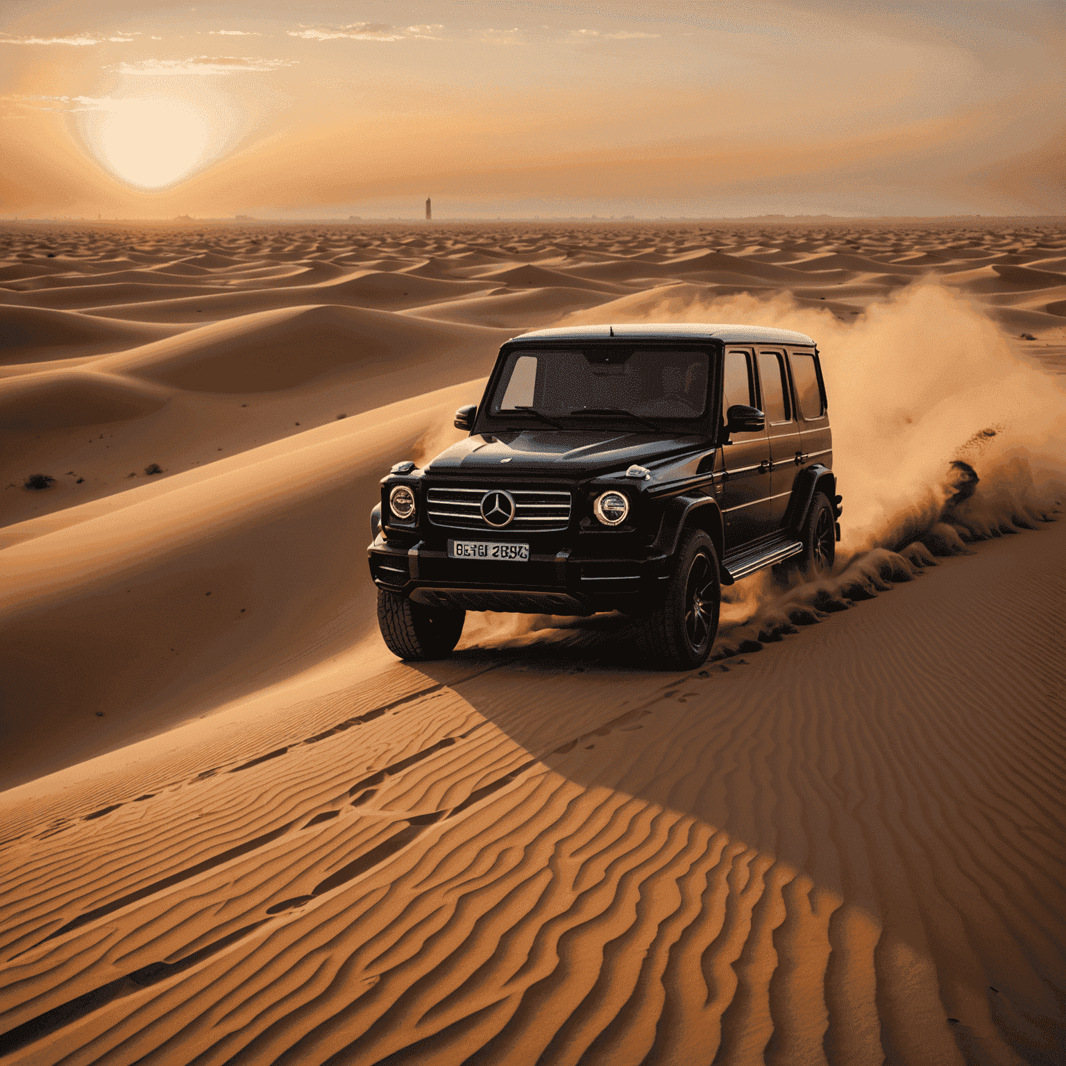 A black Mercedes-Benz G-Class SUV driving through the Dubai desert at sunset. The vehicle's robust silhouette stands out against the golden sand dunes and orange sky.