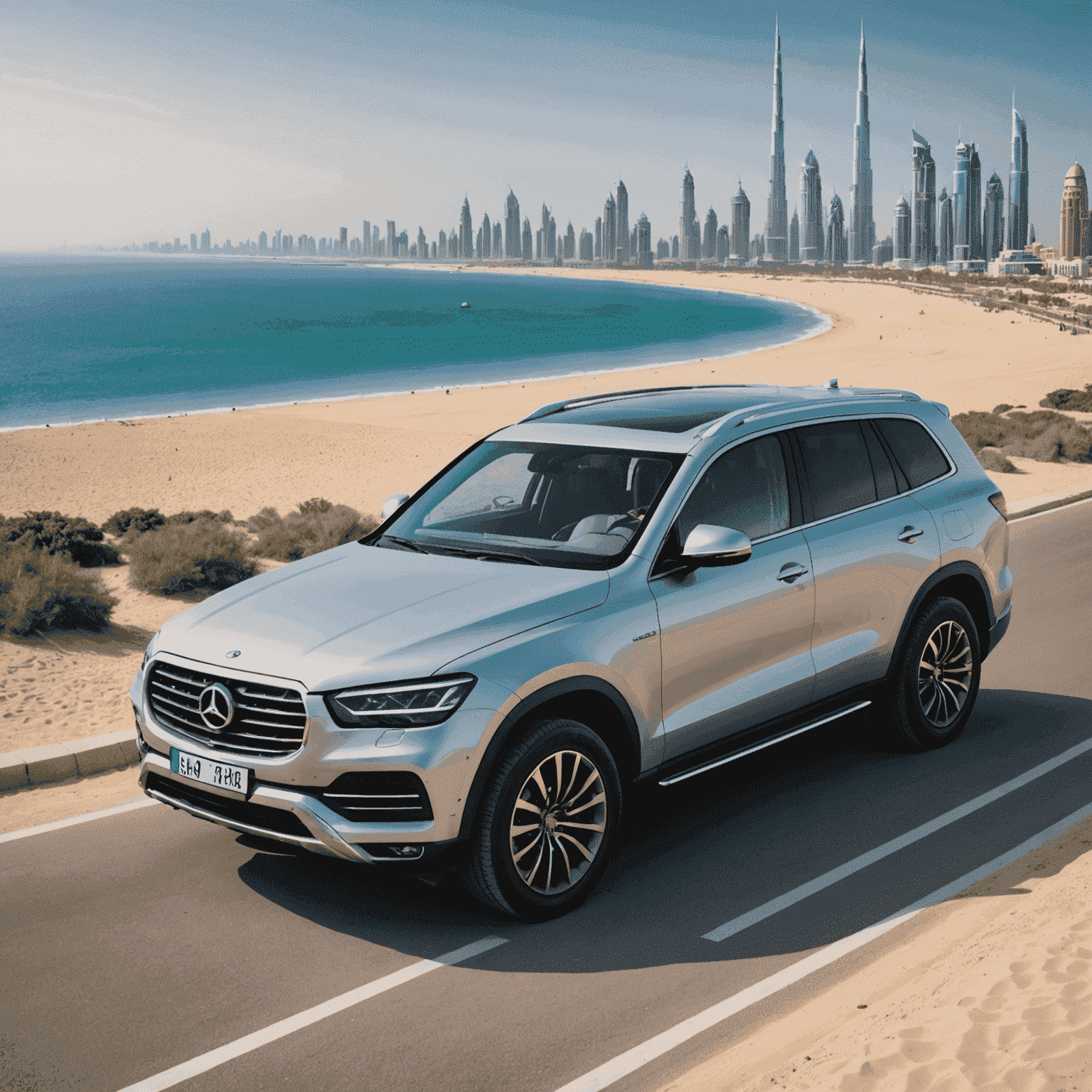 A family-friendly SUV parked at a scenic viewpoint overlooking Dubai's coastline, ideal for road trips