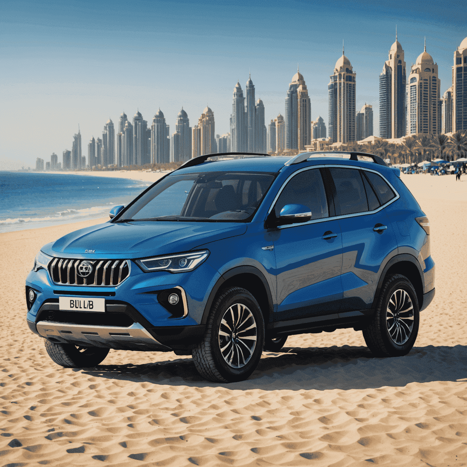 A blue compact SUV parked at a Dubai beach, showcasing versatility for both city and outdoor adventures