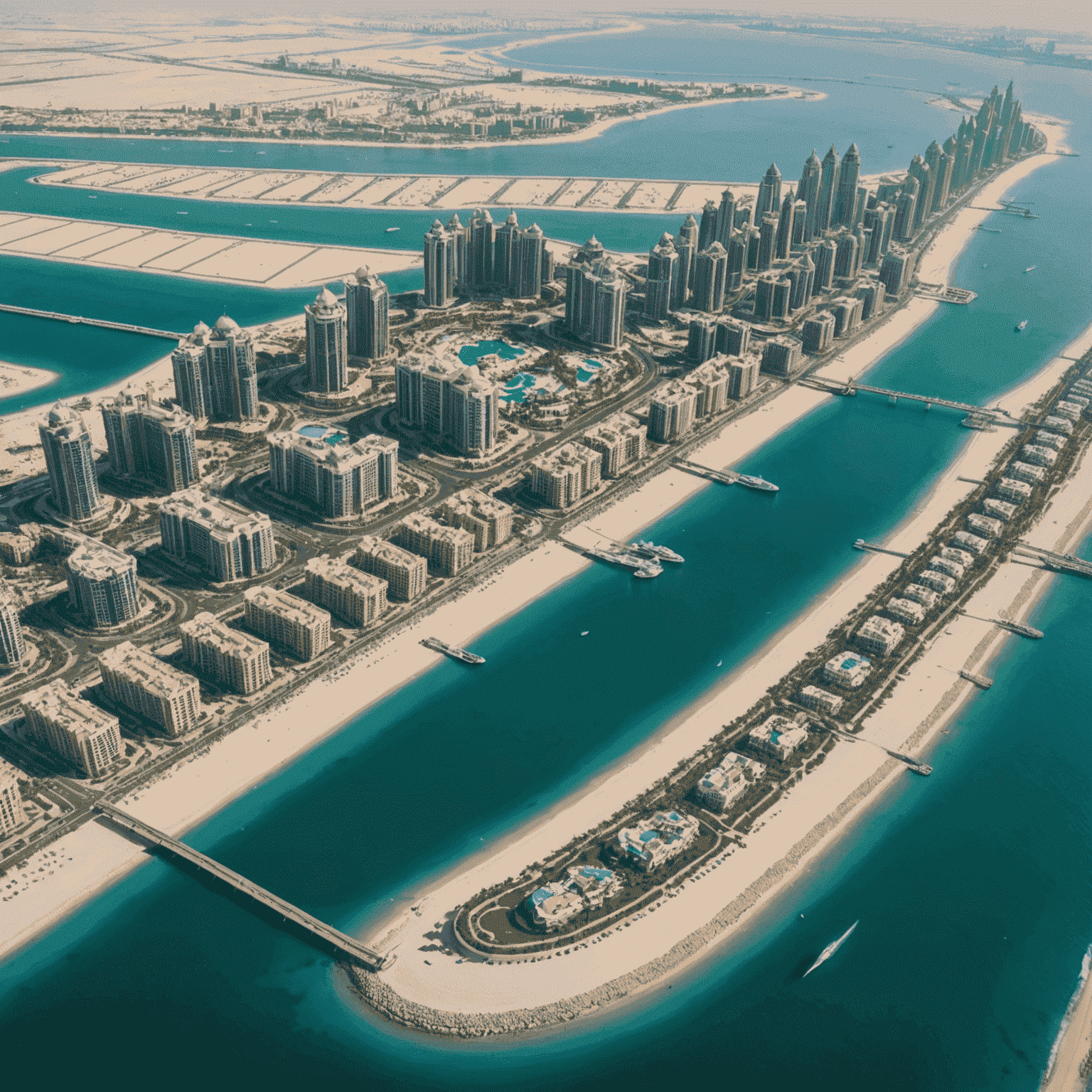 Aerial view of the Palm Jumeirah island with luxury hotels and beaches