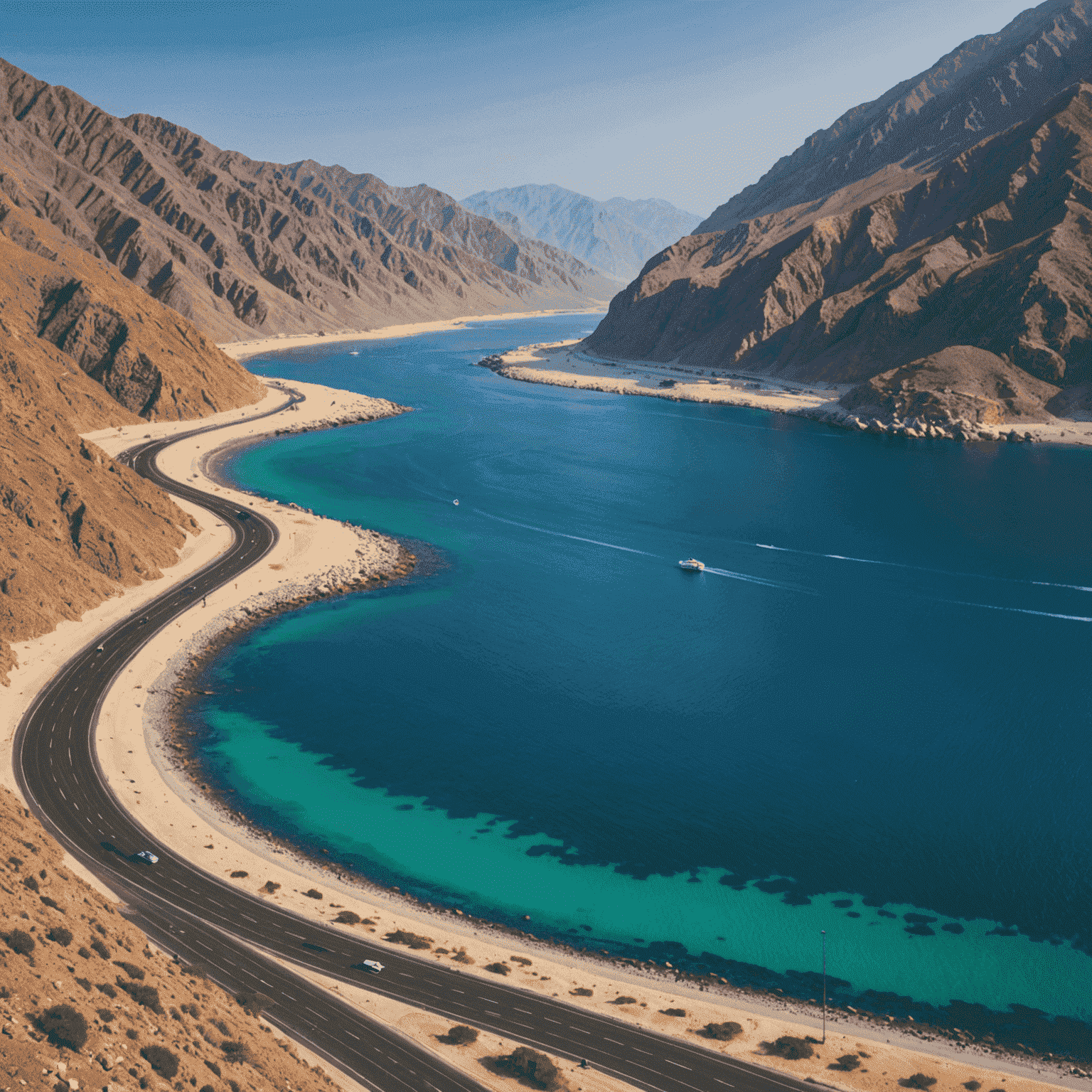 Breathtaking coastal scenery of Khor Fakkan Road with pristine beaches, clear blue waters, and dramatic mountain backdrop