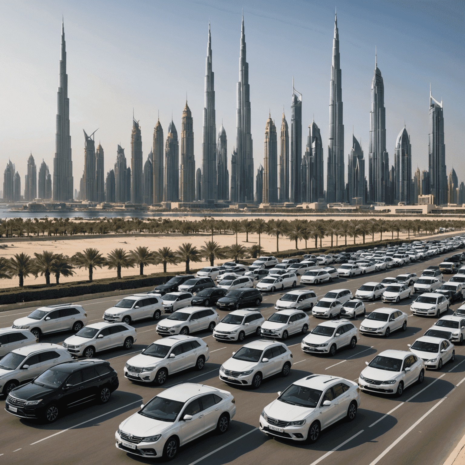 A diverse fleet of vehicles parked in front of Dubai's skyline, illustrating long-term rental options for extended stays