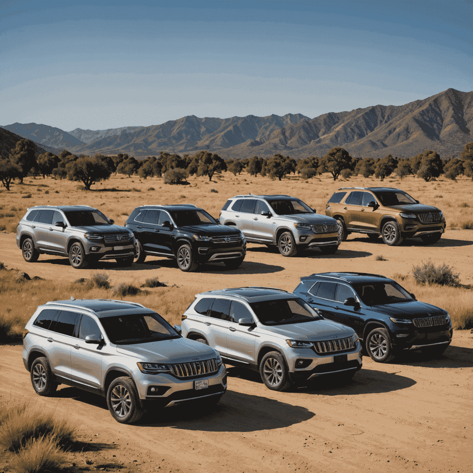 A lineup of various SUV and 4x4 models available for rent, showcasing the diverse fleet options