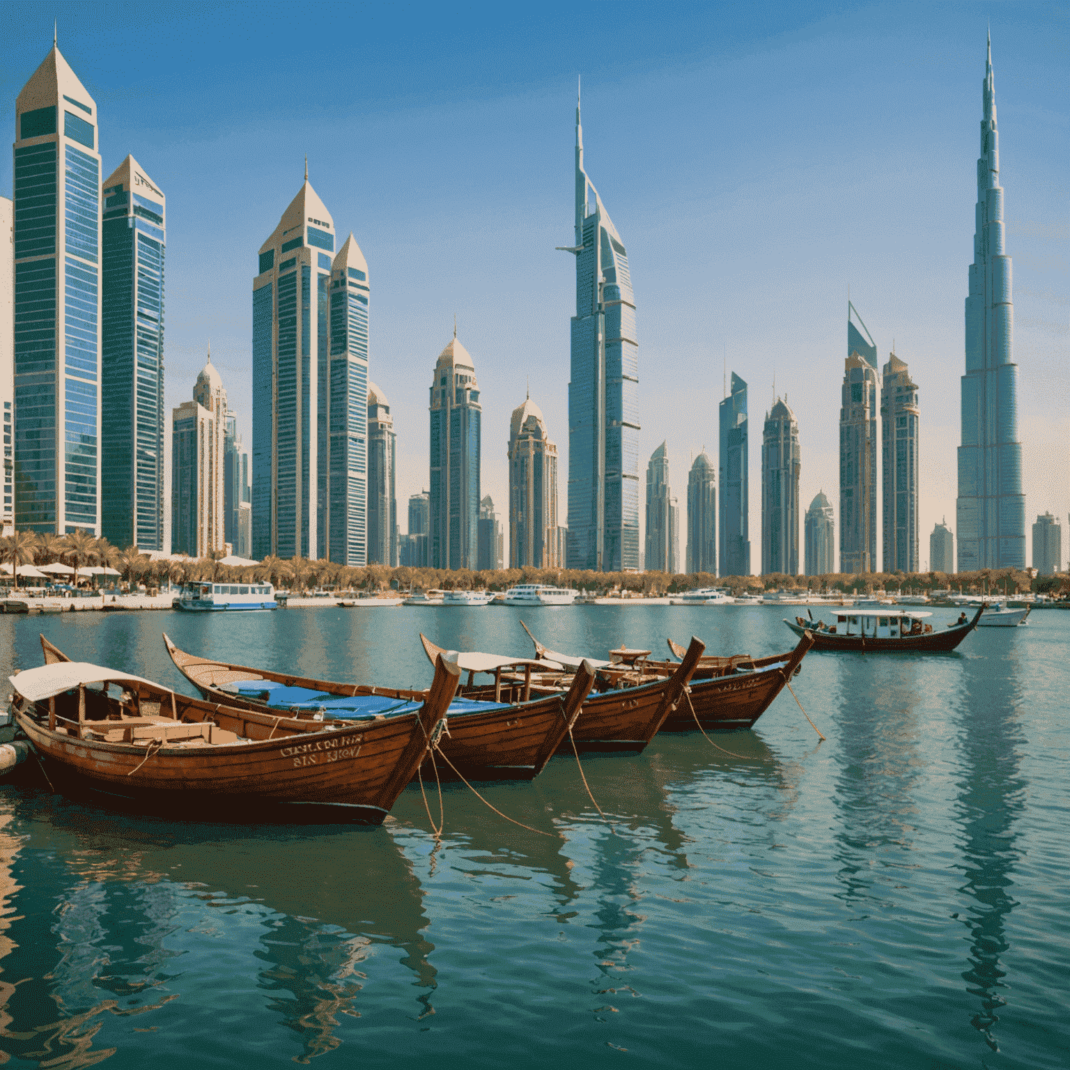 Traditional wooden boats (abras) on Dubai Creek with modern skyscrapers in the background