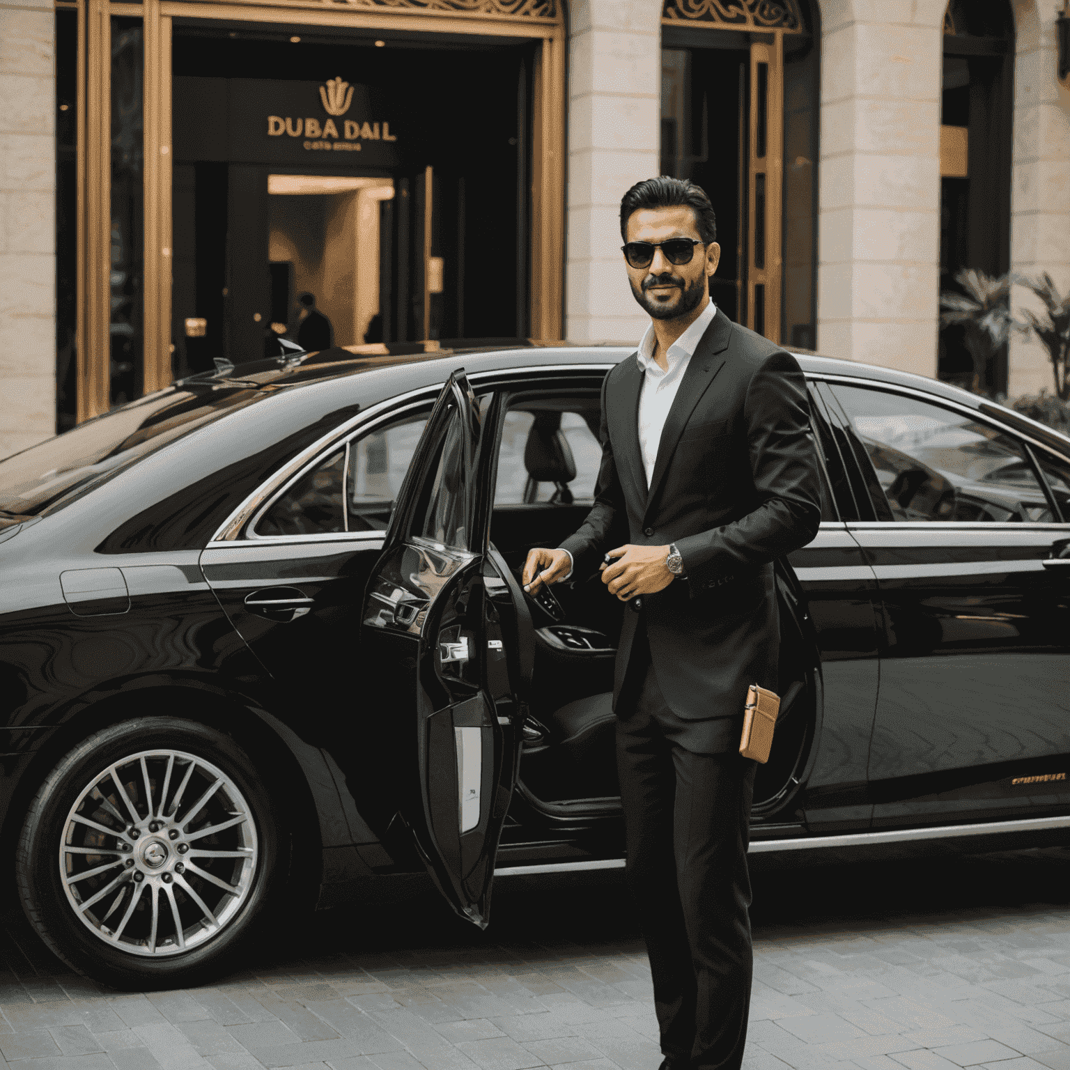 A professional chauffeur opening the door of a luxurious black sedan in front of a high-end Dubai hotel